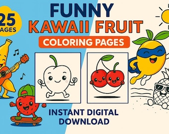 Kleurboek grappig kawaii fruit – 25 leuke en leuke pagina's voor kinderen en volwassenen, stressverlichting, eenvoudig inkleuren, downloadbare pdf