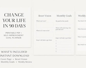 90 Day Printable Planner PDF | Productivity Goal Setting Journal | Minimalist Daily & Weekly Planner | Self Improvement Digital Download