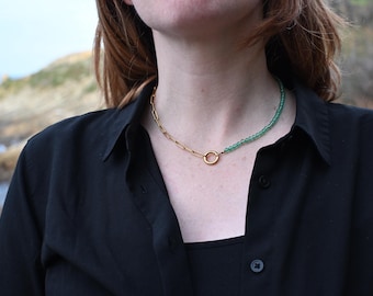 Natural stone necklace with green agate and green onyx - Gift for women - stainless steel - green beads