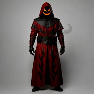 May include: A red and black Halloween costume featuring a hooded cloak with a glowing jack-o'-lantern face. The costume includes a black belt, gloves, and flame-like designs on the cloak. The outfit is designed for a spooky holiday.