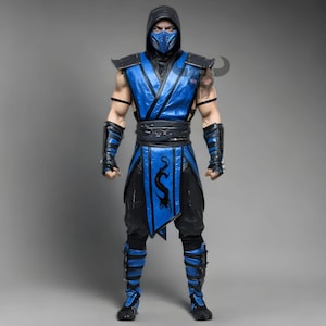 May include: A detailed action figure of a character in a blue and black costume with a hood and mask. The figure has a black dragon emblem on the front and is posed against a gray background. The figure is approximately 30 cm tall.