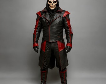 Conjunto de disfraz de calavera de demonio hecho a mano, de cuero, para hombre, chaqueta y pantalones de cosplay de diablo rojo y negro.