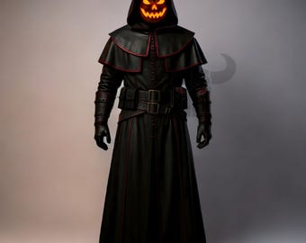 Halloween Pumpkin Head Cosplay Costume Genuine Leather Gothic Trench Coat Medieval LARP Armor