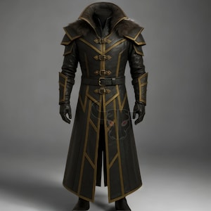 Shadow Paladin Men&#39;s Leather Trench Costume | Gothic Medieval Cosplay with Vampire Collar | Halloween Outfit | Custom Handmade LARP Costume