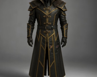 May include: A black leather coat with gold trim and a fur collar. The long coat features a belted waist, decorative buckles, and gold accents along the seams and edges. The sleeves have decorative panels and the coat is displayed on a mannequin.