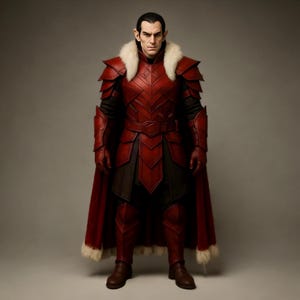 Puede incluir: Una persona con un disfraz rojo y negro con un cuello de piel blanca. El disfraz presenta detalles intrincados de armadura en el pecho, los hombros y las piernas. La persona lleva guantes y botas rojas, y una capa roja con ribete de piel blanca.