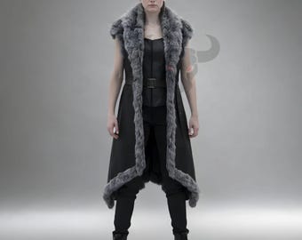 Handcrafted Genuine Leather Viking Fur Vest Medieval Warrior Costume LARP Cosplay Long Coat Unisex