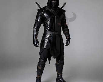 Disfraz de ninja asesino de las sombras de cuero auténtico, armadura de guerrero con capucha negra para cosplay.