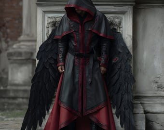Äkta Lädermantel Svart Röd Gotisk Medeltida Cosplay Cape Vampyr Trollkarlskostym Herr