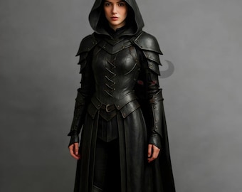 May include: A black leather hooded costume with shoulder armor, a corset-style bodice, and a long flowing skirt. The costume features intricate stitching and a belt. The person is wearing a black outfit with a hood.