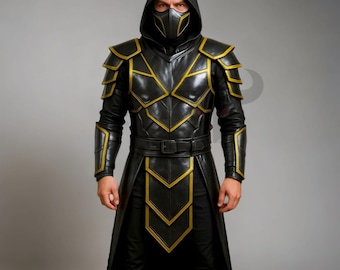 Disfraz de guerrero ninja negro y dorado auténtico con chaqueta de cuero de asesino de las sombras y capucha.