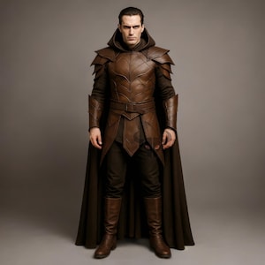 Medieval Leather Armor Set with Hooded Cloak | Brown Ranger Cosplay LARP Costume for Men | Knight Breastplate & Pauldrons | Ren Faire Outfit