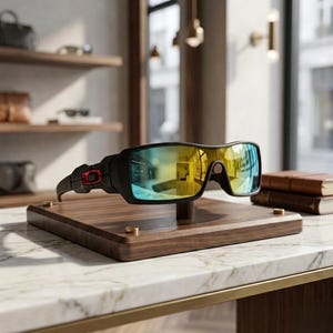 May include: Black and yellow-tinted sports sunglasses displayed on a wooden stand. The sunglasses have a thick black frame with a red accent. The lenses reflect a yellow and blue hue. The stand is square with brass accents.