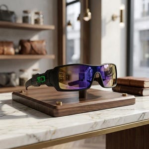 May include: Black sports sunglasses with purple and yellow lenses are displayed on a wooden stand. The sunglasses have a green accent and a sleek, modern design. The stand is made of dark wood and has brass accents.
