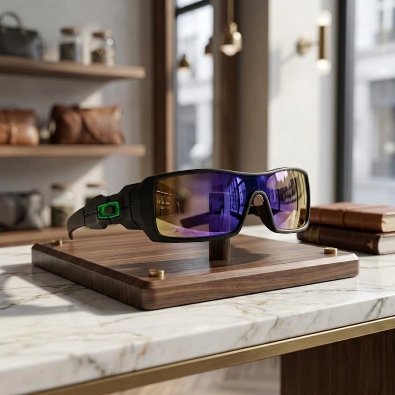 May include: Black sports sunglasses with purple and yellow lenses are displayed on a wooden stand. The sunglasses have a green accent and a sleek, modern design. The stand is made of dark wood and has brass accents.
