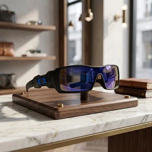 May include: Black sports sunglasses with blue mirrored lenses are displayed on a wooden stand. The sunglasses have a thick frame and a distinctive design. The stand is made of dark wood and has brass accents. The background shows a store setting with shelves and books.