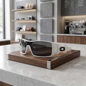 May include: White and black sunglasses with a rectangular frame, resting on a wooden tray with silver trim. The sunglasses have dark lenses and a modern design. The background shows a shop interior.