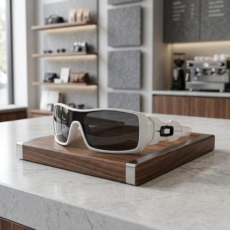 May include: White and black sunglasses with a rectangular frame, resting on a wooden tray with silver trim. The sunglasses have dark lenses and a modern design. The background shows a shop interior.