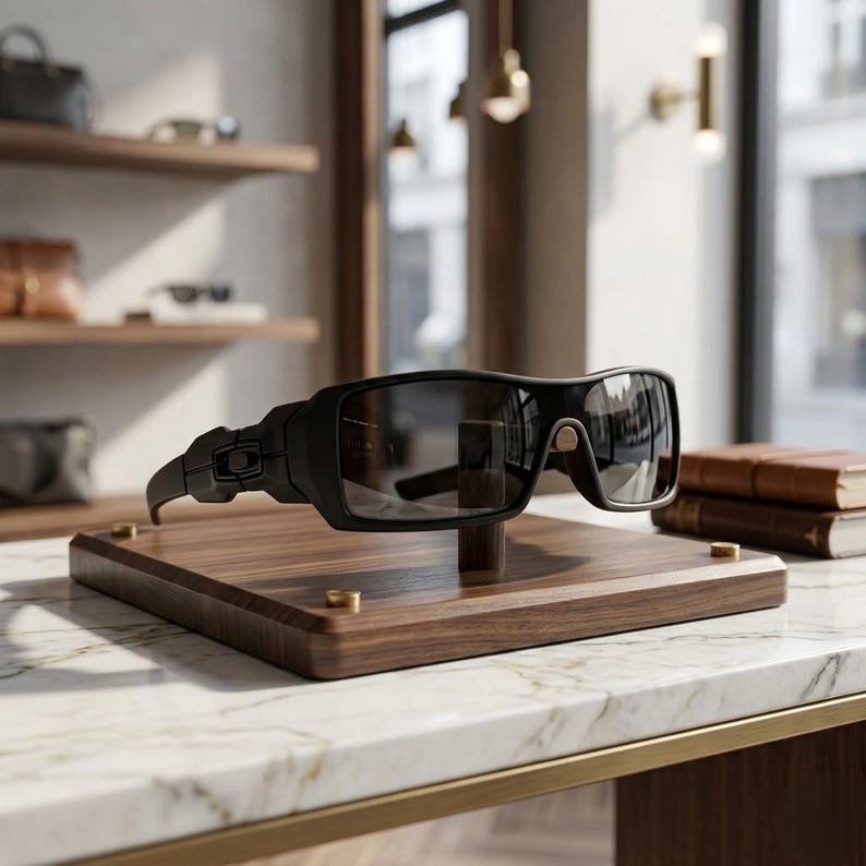 May include: Black sunglasses with a wraparound design are displayed on a wooden stand. The sunglasses have dark lenses and a thick frame. The stand is made of dark wood and has brass accents. The background includes shelves with other eyewear.
