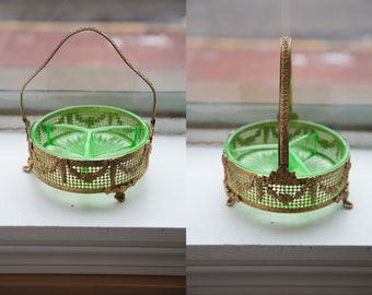 Uranium Glass - Green Glass - Depression Glass - Candy Dish - Caddy Basket- 1930s - Farmhouse Kitchen - UV Glass