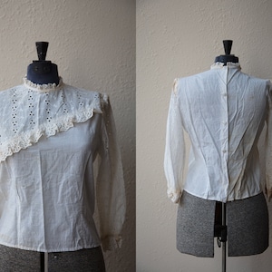 Tea Stained - White - Cotton - Eyelet - Edwardian - Lawn - Button Up - Bride - Wedding - Vintage - Asymetrical - Blouse