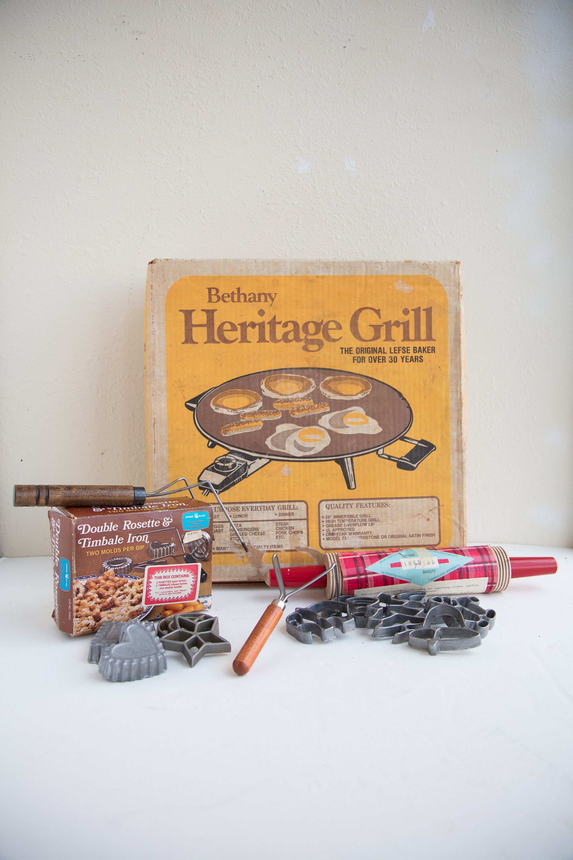 Bethany Heritage Lefse Grill Nordic Ware Double Rosette Timbale Patty  Shells Iron Lokstad Sugar Maple Rolling Pin MCM 