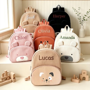 Sac à dos enfant brodé avec prénom personnalisé, motif animaux de la forêt, cadeau de rentrée scolaire pour petit garçon ou petite fille.