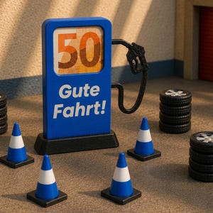 Könnte beinhalten: Eine blaue Zapfsäule mit der Zahl 50 und dem Schriftzug "Gute Fahrt!". Die Szene umfasst Reifenstapel, blau-weiße Leitkegel und eine Werkstatt.