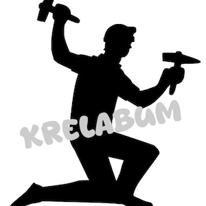 Könnte beinhalten: Eine schwarze Silhouette einer knienden Figur, die einen Hammer in der einen Hand erhoben und ein kleineres Werkzeug in der anderen Hand hält. Das Wort KRELABUM ist in einer hellgrauen, serifenlosen Schrift auf dem Unterkörper abgebildet.