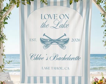 Tapeçaria de parede personalizada "Amor no Lago" para despedida de solteira, com fundo costeiro para o último brinde, decoração personalizada para chá de panela, lembrança para festa de despedida de solteira.
