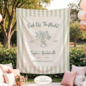 Fresh Off The Market Bachelorette Tapestry Wall Banner Custom Camp Personalized Shes off the market Backdrop Bridal Shower Sign Decor Hen