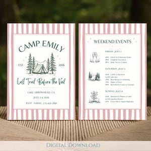 May include: Two rectangular event cards with a pink and white vertical striped border. The left card features the text Camp Emily, Last Trail Before The Veil, Lake Arrowhead, CA, July 2-4 2026, and RSVP details. The right card lists weekend events.