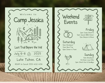 Camp Bachelorette Digital Invitation Template Editable Itinerary Mobile Weekend Invite Printable Outdoor Lake Last Trail Bach Girls Trip