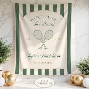 Match Made In Heaven Bachelorette Banner Personalized Tennis Padel Wall Tapestry Last Swing Custom Backdrop Bridal Shower Decor Sign Hen