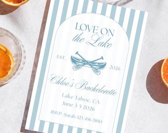 Plantilla de itinerario de invitación digital para despedida de soltera Love on the Lake, invitación móvil editable, imprimible, Last Trail Coast Bach Girls, despedida de soltera