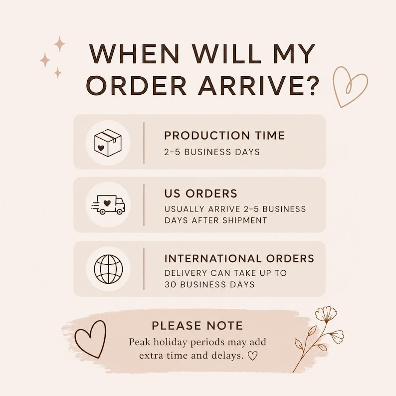 Pode incluir: Um gr&aacute;fico informativo com fundo bege claro contendo o texto WHEN WILL MY ORDER ARRIVE? Indica um tempo de produ&ccedil;&atilde;o de 2 a 5 dias &uacute;teis, pedidos nos EUA chegando em 2 a 5 dias &uacute;teis e pedidos internacionais levando at&eacute; 30 dias &uacute;teis.