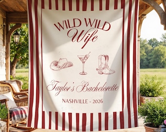 Faixa personalizada para despedida de solteira "Wild Wild Wife", tapeçaria para festa de despedida de solteira, cenário de parede "Last Rodeo", decoração personalizada para noivas no estilo faroeste, placa de lembrança para despedida de solteira.