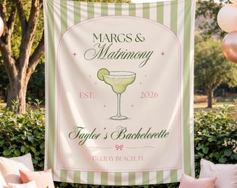 Margs and Matrimony Bachelorette Wall Tapestry Banner Personalized Backdrop Cocktail Bridal Shower Custom Decor Keepsake Bach Hen Party