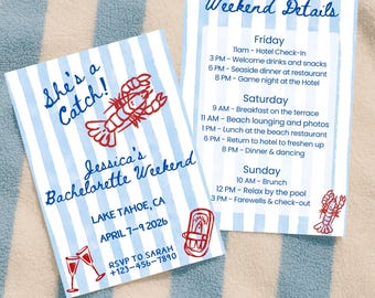 She's A Catch Bachelorette Digital Invitation Itinerary Weekend Coast Invite Template Editable Canva Mediterranean Bach Hen Party Girls Trip
