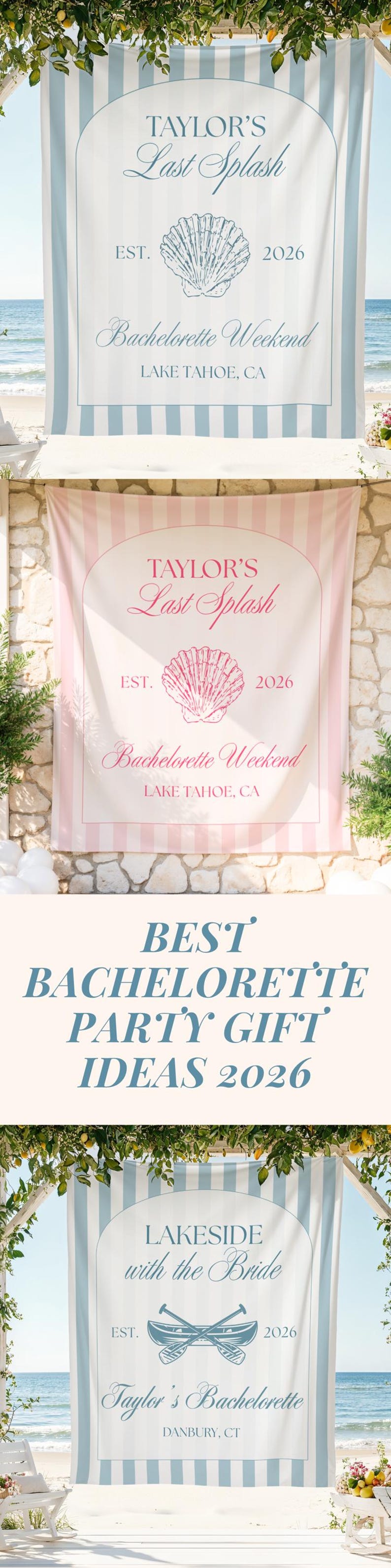 Pode incluir: Uma faixa retangular de tecido com listras verticais e um design de arco central. O texto diz Taylor's Last Splash, Est. 2026, Bachelorette Weekend e Lake Tahoe, CA, com uma ilustra&ccedil;&atilde;o de concha no centro do arco.