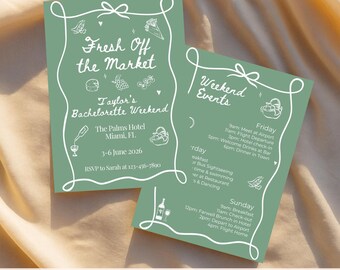 Fresh Off The Market Bachelorette Itinerary Digital Invitation Template Editable Bridal Shower Mobile Invite Printable Girls Trip Hen Party