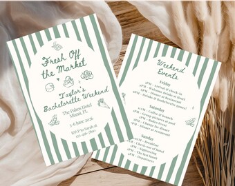 Fresh Off The Market Bachelorette Itinerary Digital Invitation Template Editable Bridal Shower Mobile Invite Printable Girls Trip Hen Party