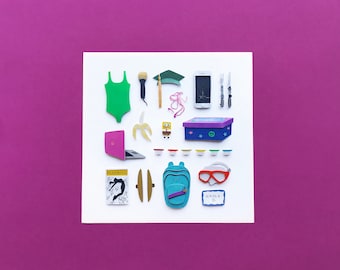 May include: A white background with a variety of paper cutouts, including a green swimsuit, a banana, a pink laptop, a blue backpack, a pair of orange goggles, a playbill, a graduation cap, a smartphone, a fork, a lightsaber, a sponge, a box with a peace sign, a pair of flip flops, and a name tag that says "Kayla D."