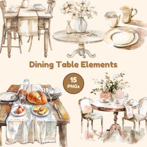 Paquete de imágenes prediseñadas PNG para mesa de comedor, elementos para la decoración de la mesa, conjunto de ilustraciones para la decoración de la cocina y el comedor.