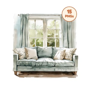 May include: Watercolor illustration of a living room scene. A light blue sofa with several pillows sits in front of a window with light blue curtains. The window looks out onto a green, leafy scene. The image includes the text "15 PNGs".