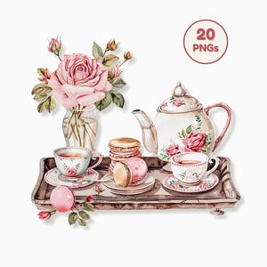 Può includere: Illustrazione ad acquerello di un set da tè su un vassoio di legno. Il set comprende una teiera, due tazze, piattini, macarons e un vaso di rose rosa. L'immagine include il testo "20 PNGs".