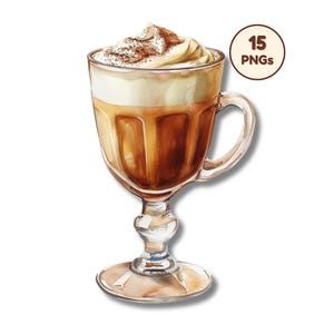 May include: A watercolour illustration of a coffee drink in a clear glass with a handle. The drink has layers of brown liquid, topped with whipped cream and a sprinkle of brown powder. A circular graphic with the text "15 PNGs" is in the upper right.