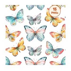 May include: Watercolor illustrations of butterflies in various colors, including blue, orange, and pink, are arranged on a white background. The image includes a circular graphic with the text "15 PNGs". The butterflies have detailed wing patterns.