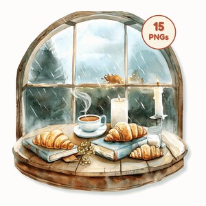 May include: Watercolor illustration of a cozy scene with a window overlooking a rainy day. A wooden table holds a cup of coffee, croissants, books, and lit candles. The image includes the text "15 PNGs".