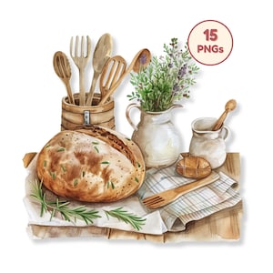 May include: A watercolour illustration depicting a rustic kitchen setting. A loaf of bread rests on a wooden surface, accompanied by rosemary. Wooden utensils, a vase of lavender, and a small jug are also featured. The image includes the text "15 PNGs".
